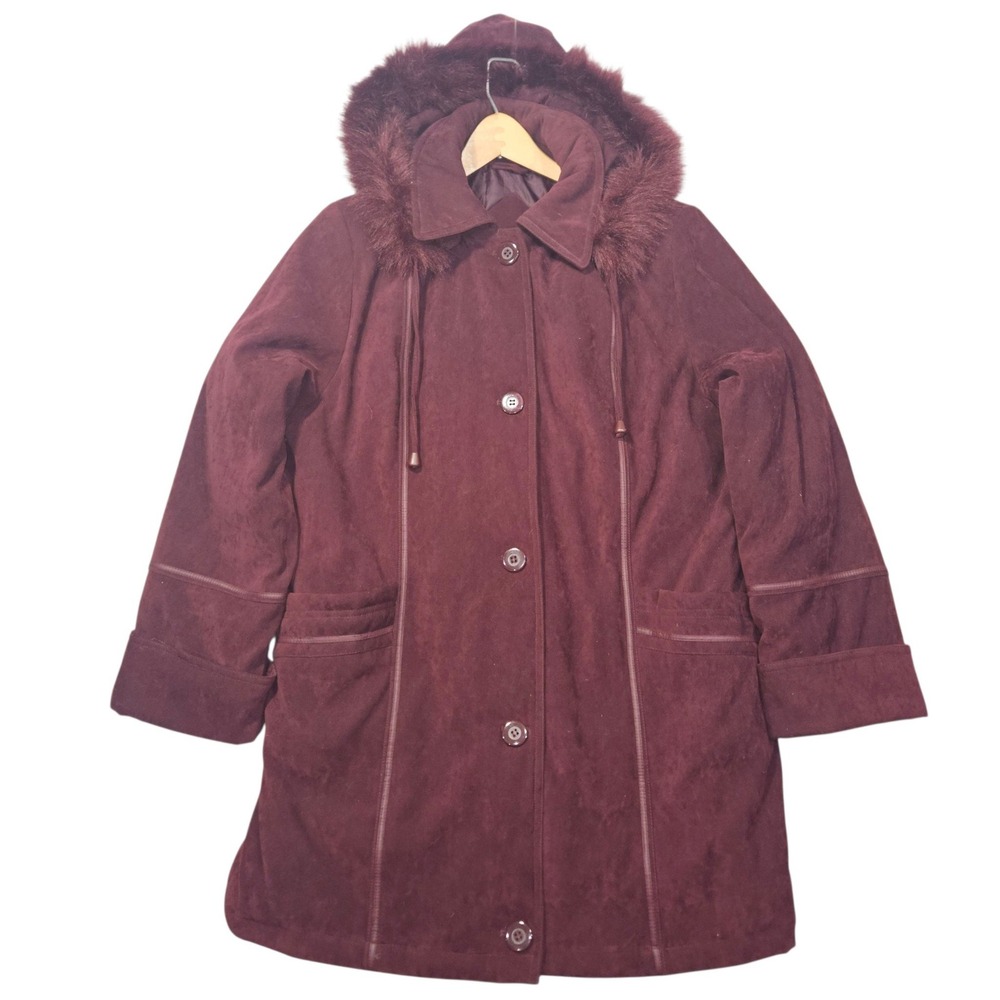 Keren Hart VTG Faux Suede Parka Jacket Faux Fur Hood Burgundy Sz M
